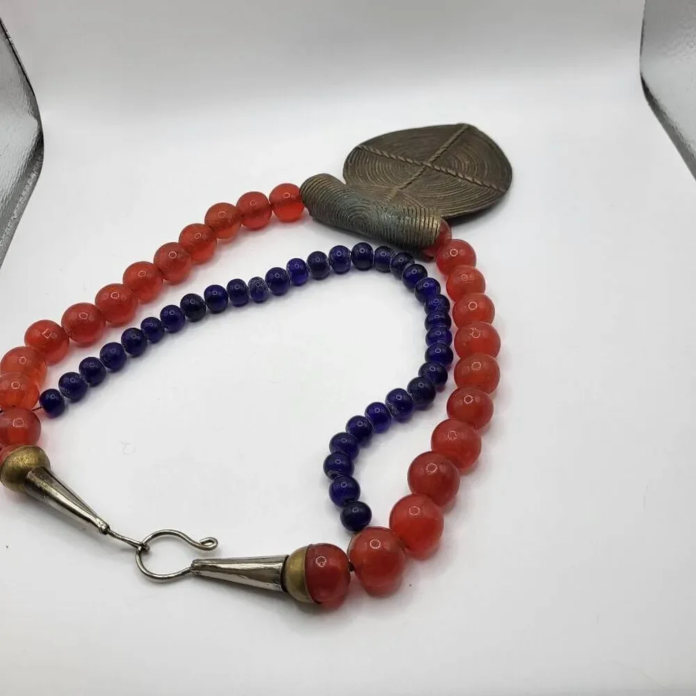 Ashanti Ghana Double Strand 18 Inch Glass Bead Necklace With Brass Pendant